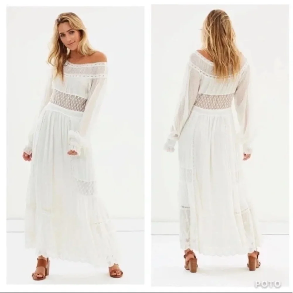 Free People Tina Lace Ivory Smocked Peasant Maxi Dress Size Small - Picture 1 of 6
